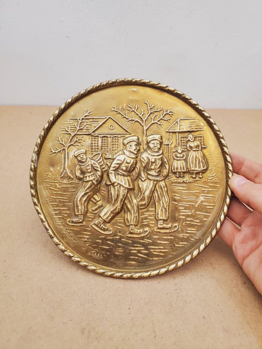 Vintage Embossed Brass, Made in England, Ice Skating, Lake House, Repousse